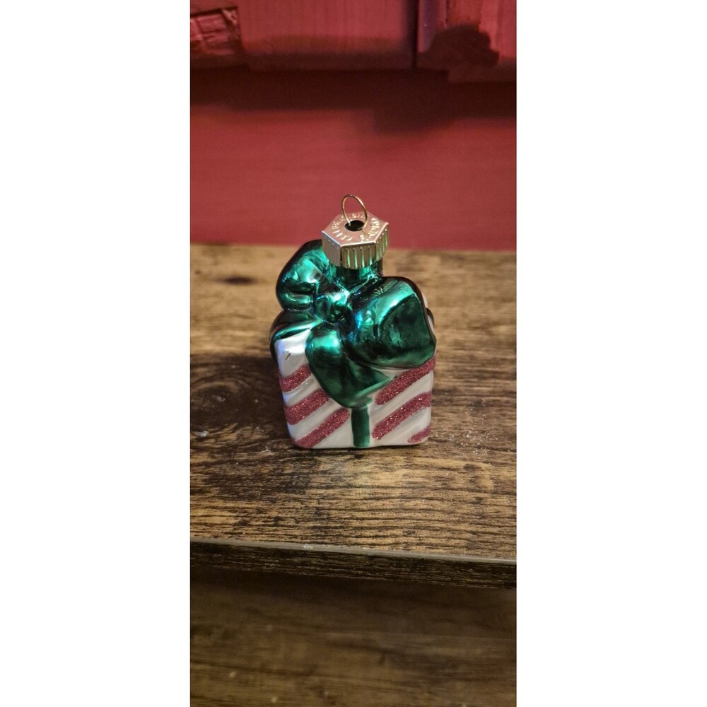 Celebrations By Radko Christmas Ornament Mini Glass Present Gift Box Striped EUC